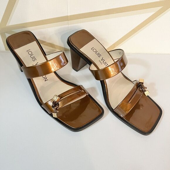 Louis Vuitton Patent Leather Brown Slip On Tassels Sandals Block Heels SZ 36.5 - Picture 2 of 15